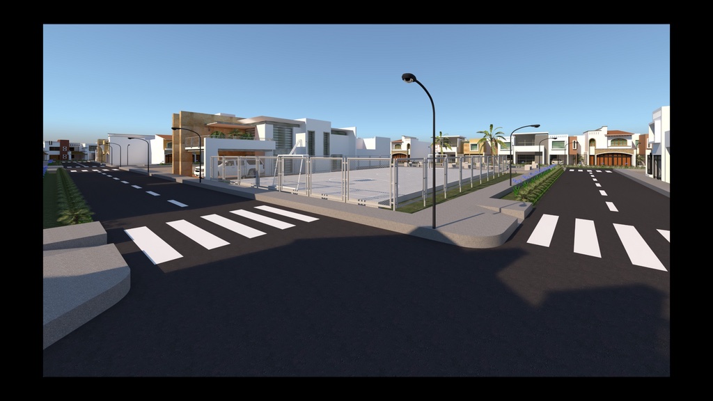 Render de las calles interiores y la losa deportiva